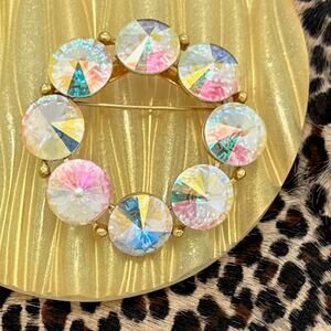 VINTAGE 1960s WEISS Goldtone Clear AB Rivoli Rhinestone Round Circle Pin Brooch